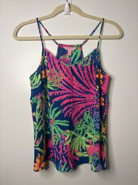 LILLY PULITZER 100% SLIK DUSK RACERBACK TAN NEON FLORAL PRINT SIZE XS